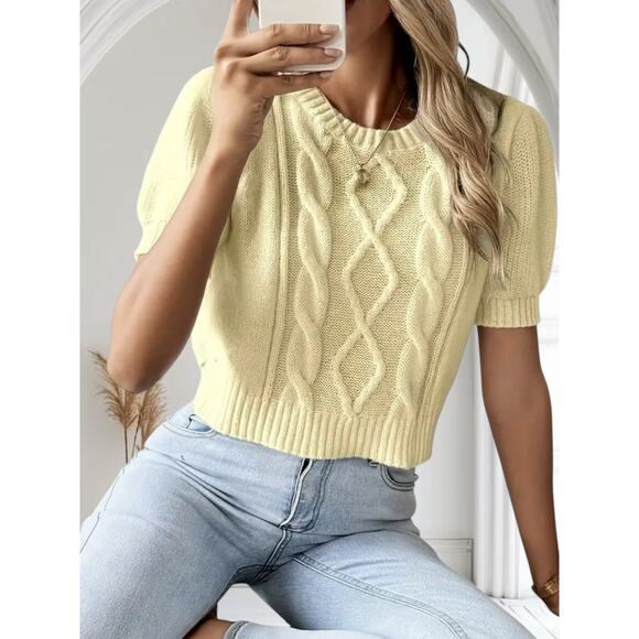 Soft Pastel Yellow Cropped Cableknit Short Sleeve Sweater Women XL Trending Chic - Picture 5 of 8